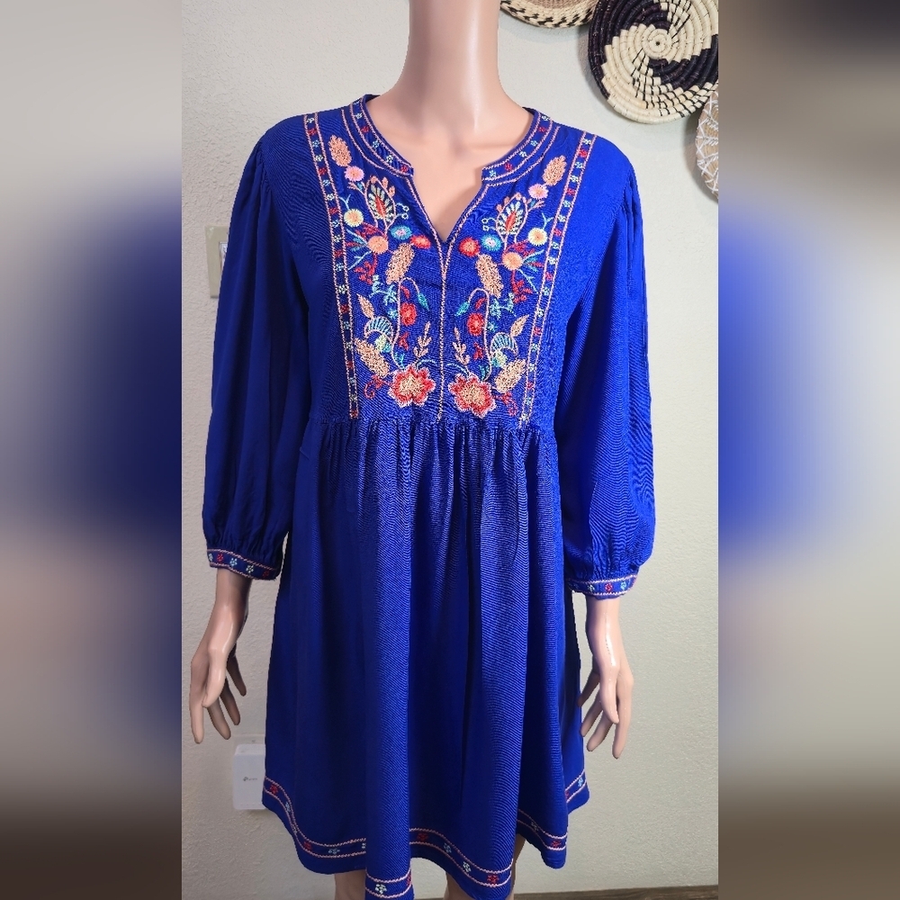 Solitaire Royal Blue Embroidered Bohemian Peasant Dress With Pockets Size Large - Picture 7 of 13
